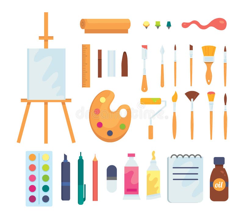 Set of colored painting tools vector icons in cartoon style. Supplies, art brushes and easel. Artist or school creativity elements collection. Set of colored painting tools vector icons in cartoon style. Supplies, art brushes and easel. Artist or school creativity elements collection